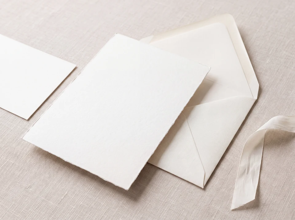 Illustration fictive : des cartes et enveloppes ivoire sur un tissu clair.