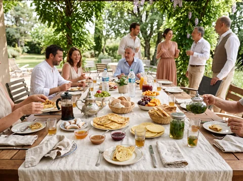 Illustration IA : une table de brunch convivial dans un jardin.